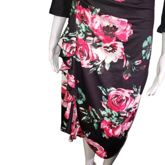 Dark/light pink roses on Black background side ruffle bodycon sexy dress size L - Picture 4 of 9
